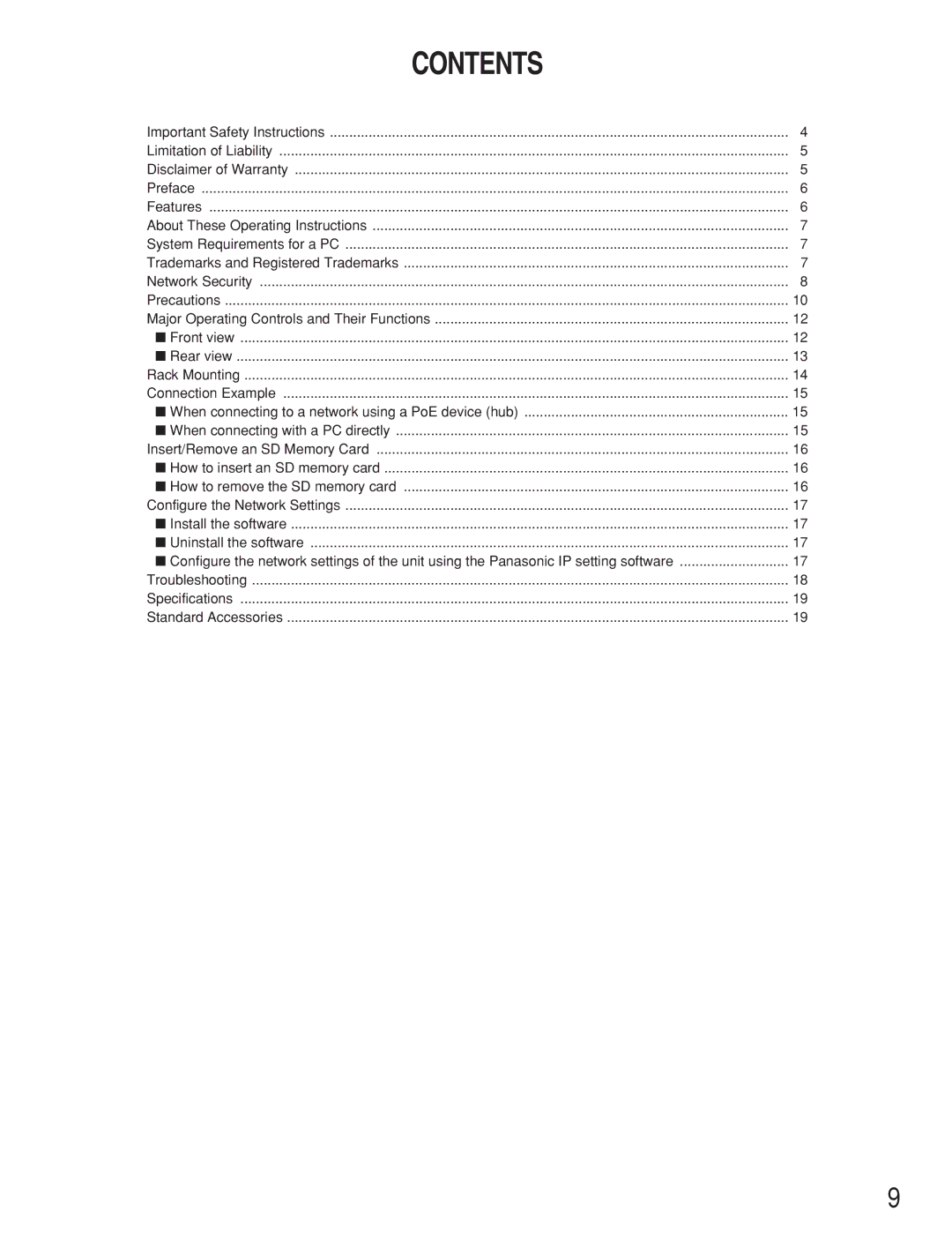 Panasonic WJ-NT304 operating instructions Contents 