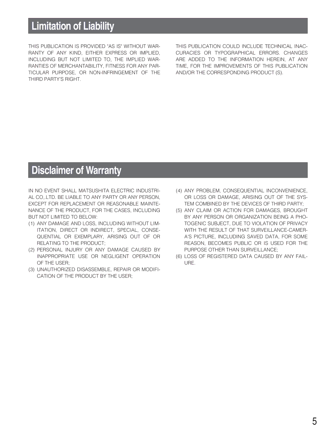 Panasonic WJ-NT304 manual Limitation of Liability, Disclaimer of Warranty 