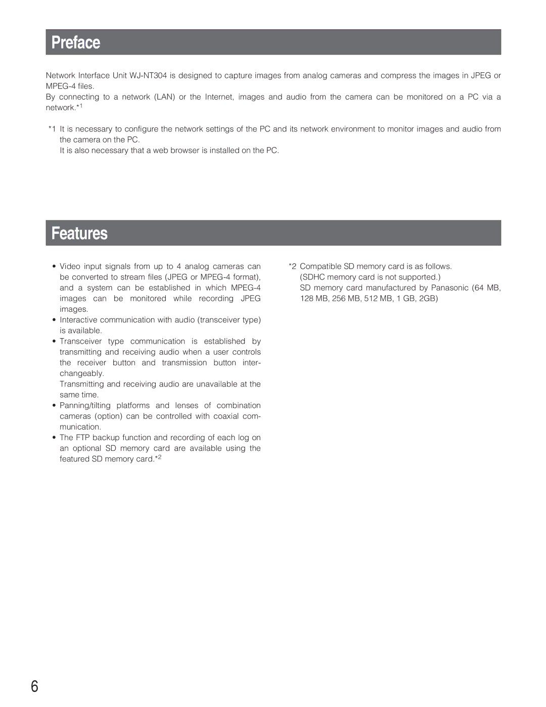 Panasonic WJ-NT304 manual Preface, Features 