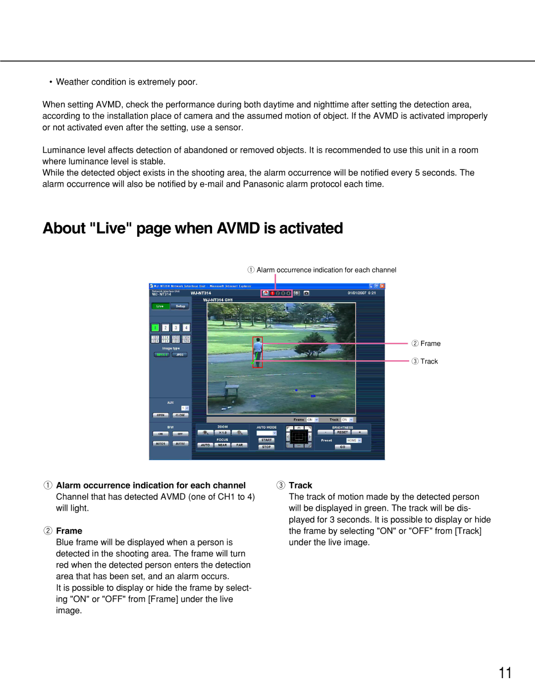 Panasonic WJ-NT314 manual About Live page when Avmd is activated, Track 