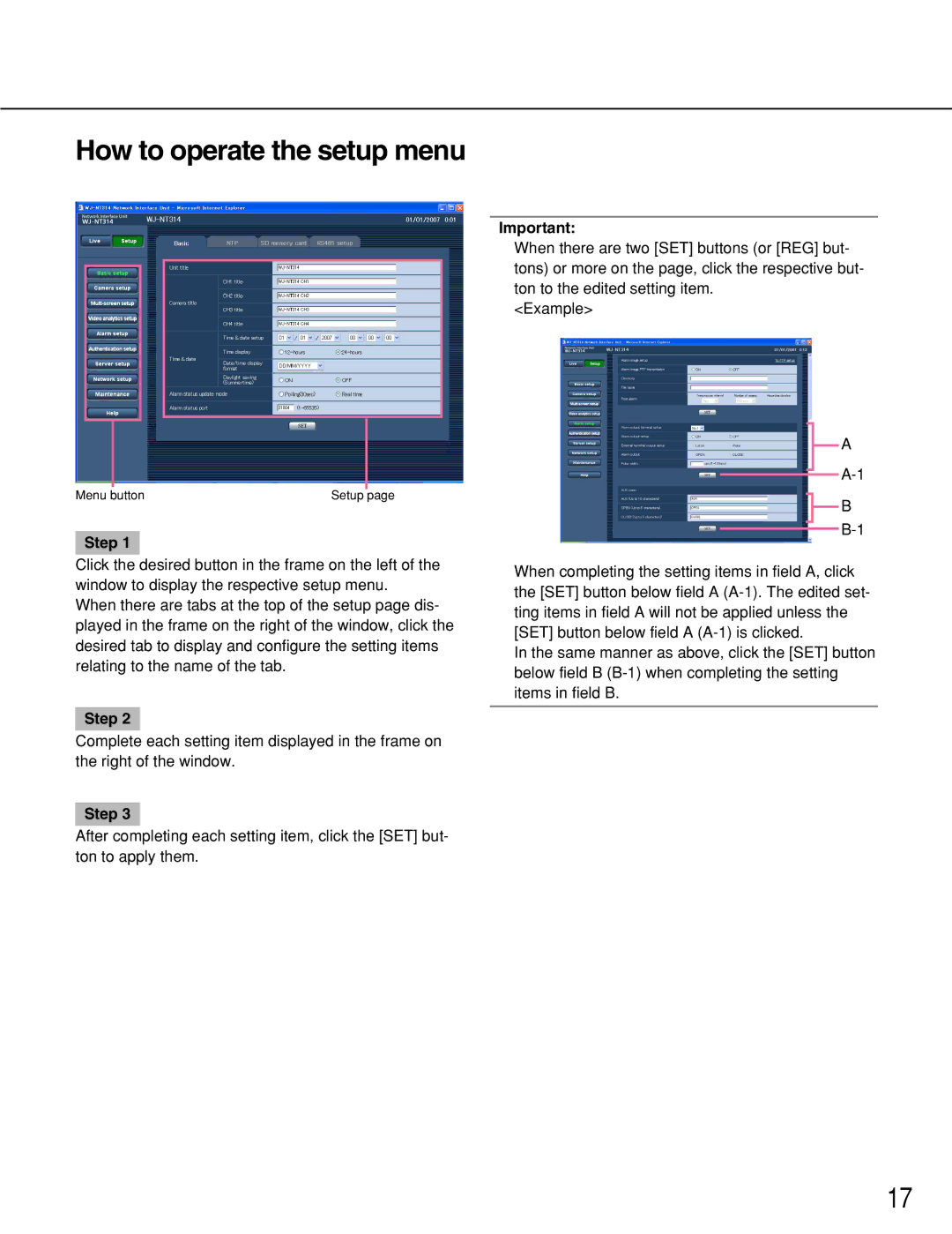 Panasonic WJ-NT314 manual How to operate the setup menu 