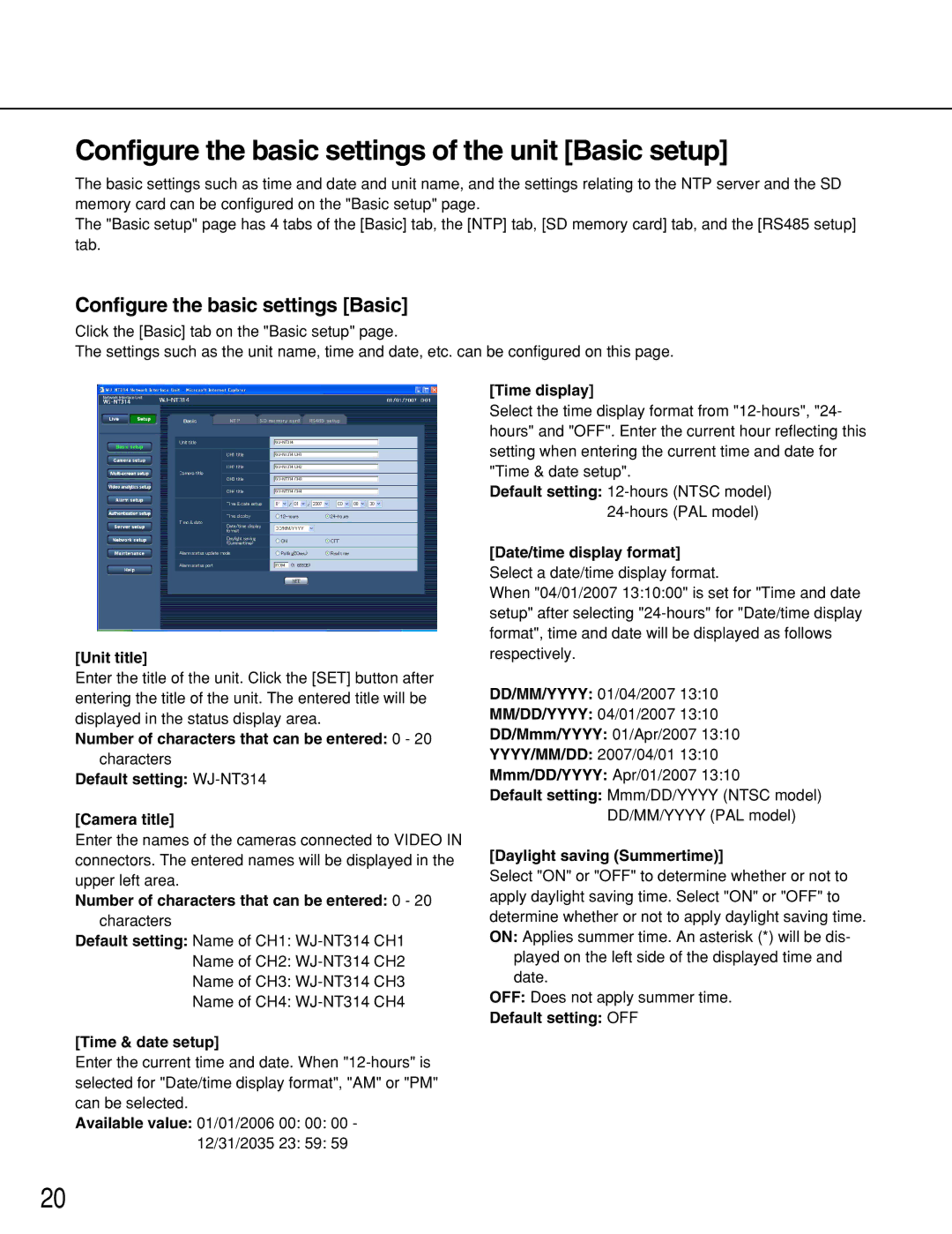 Panasonic WJ-NT314 manual Configure the basic settings of the unit Basic setup, Configure the basic settings Basic 