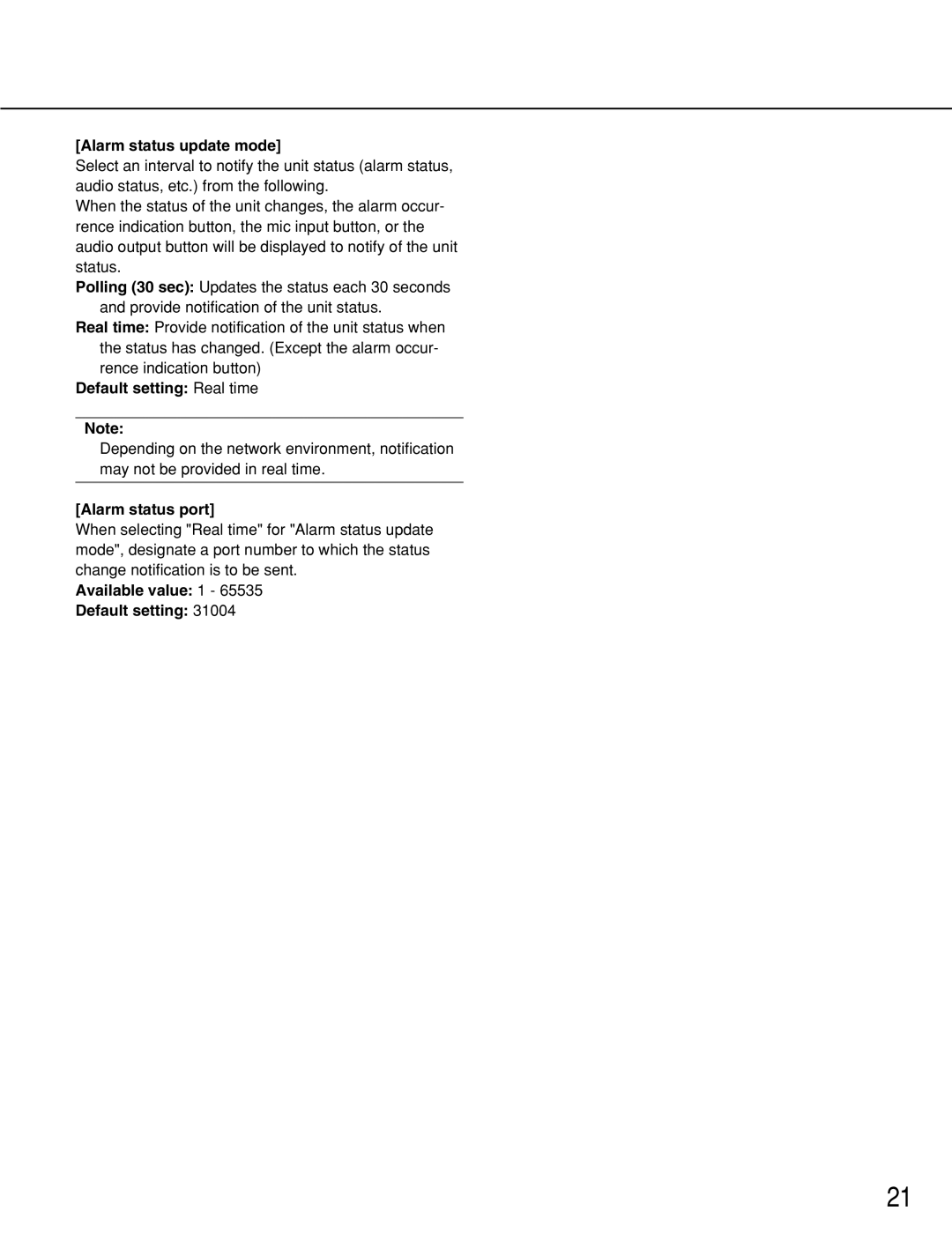 Panasonic WJ-NT314 manual Alarm status update mode, Default setting Real time, Alarm status port 