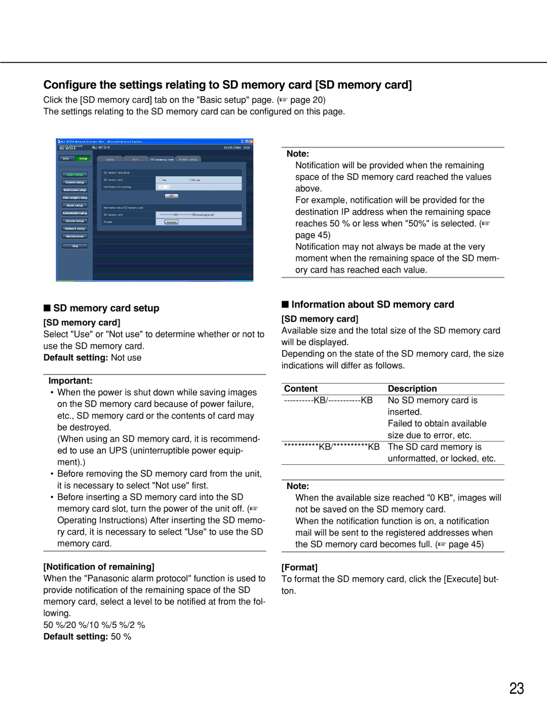 Panasonic WJ-NT314 manual SD memory card setup, Information about SD memory card 