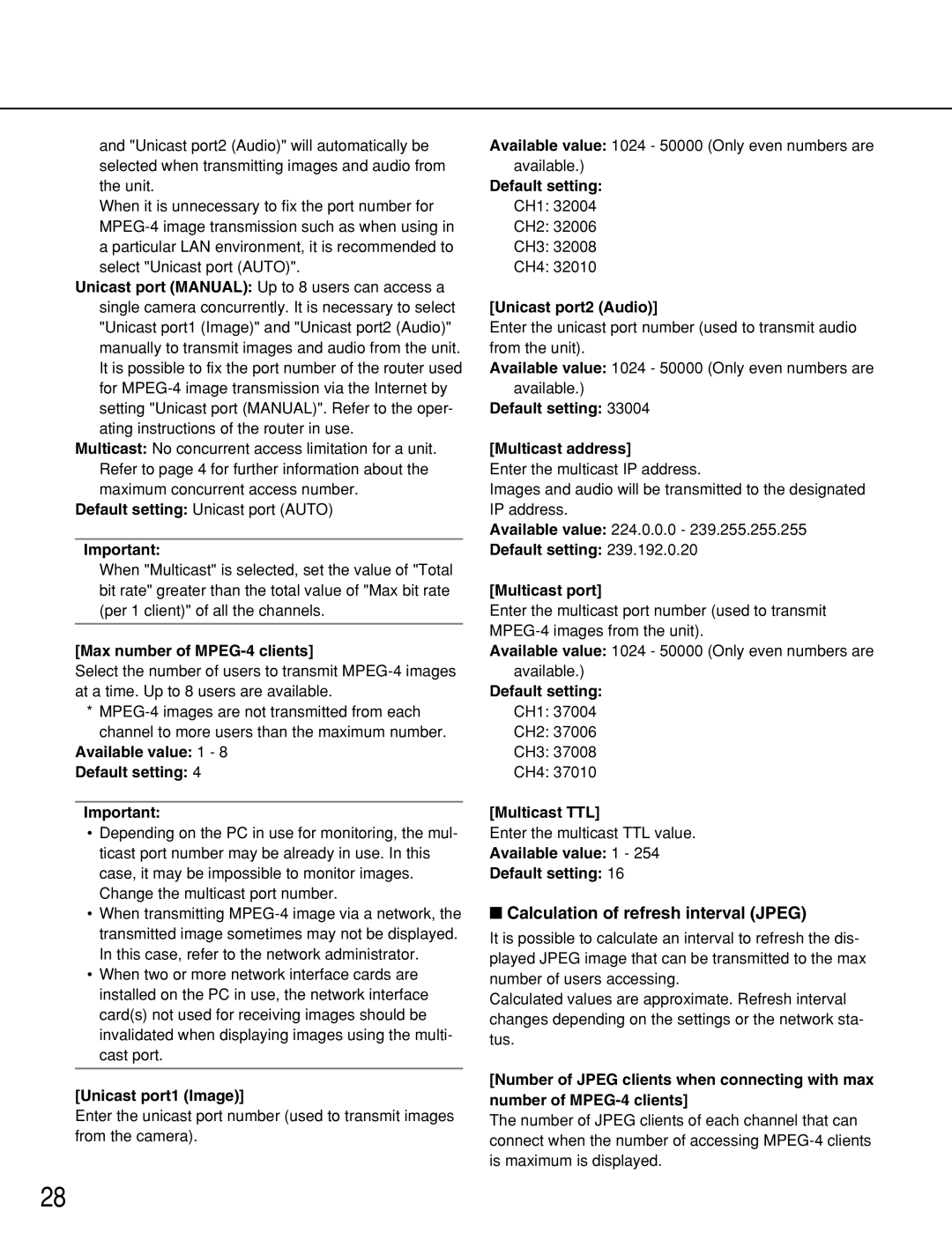 Panasonic WJ-NT314 manual Calculation of refresh interval Jpeg 