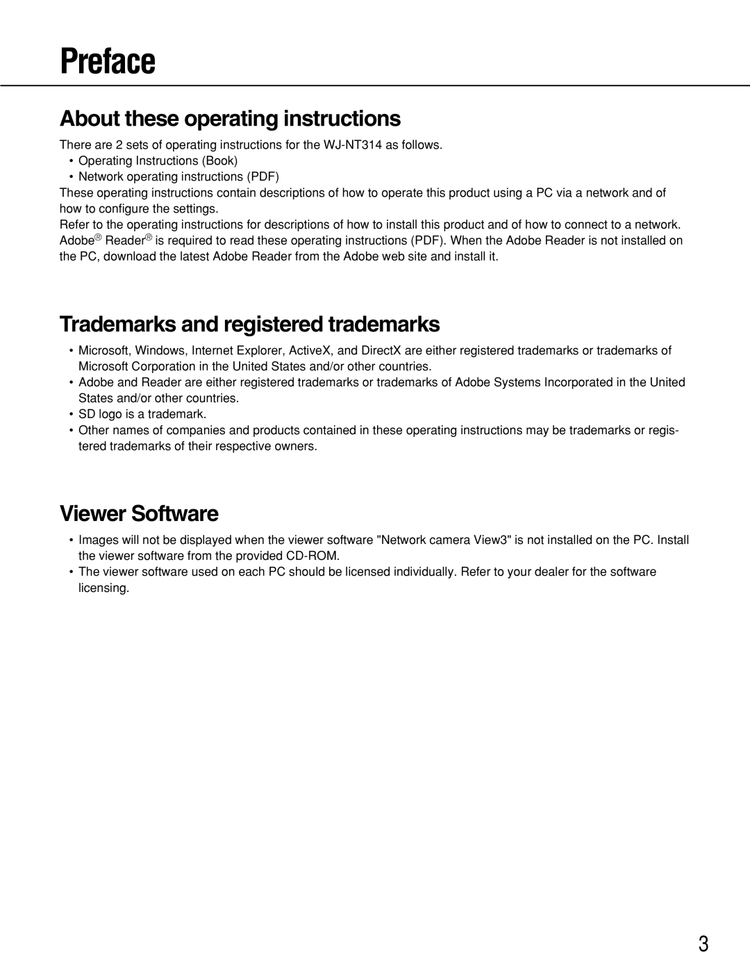 Panasonic WJ-NT314 Preface, About these operating instructions, Trademarks and registered trademarks, Viewer Software 