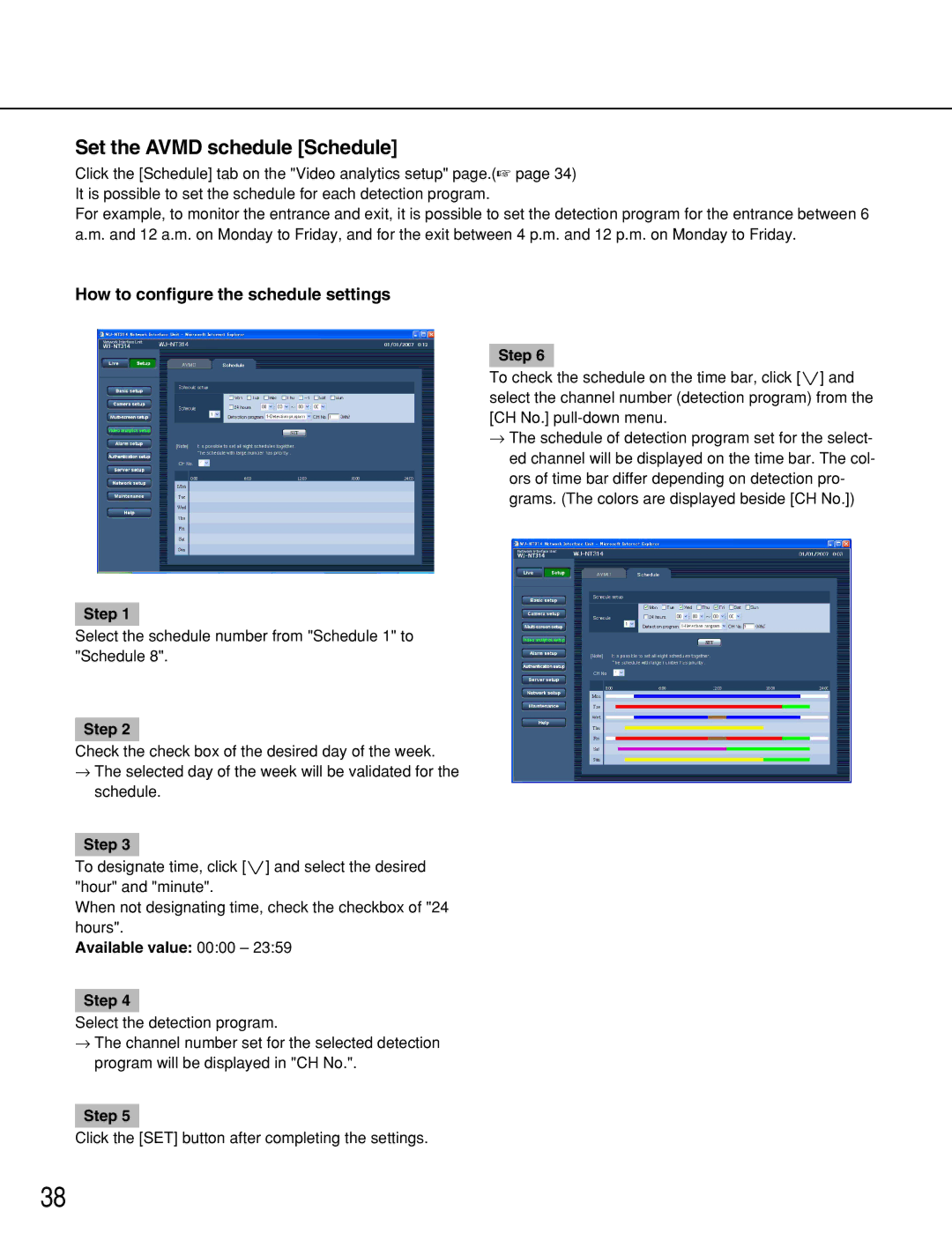 Panasonic WJ-NT314 manual Set the Avmd schedule Schedule, How to configure the schedule settings, Available value 0000 Step 