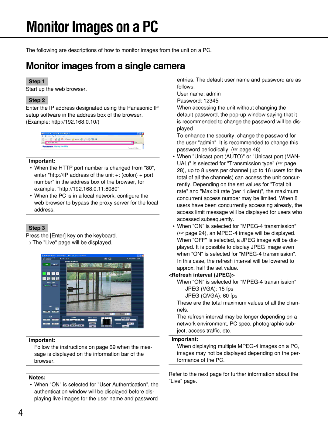 Panasonic WJ-NT314 manual Monitor Images on a PC, Monitor images from a single camera, Step, Refresh interval Jpeg 