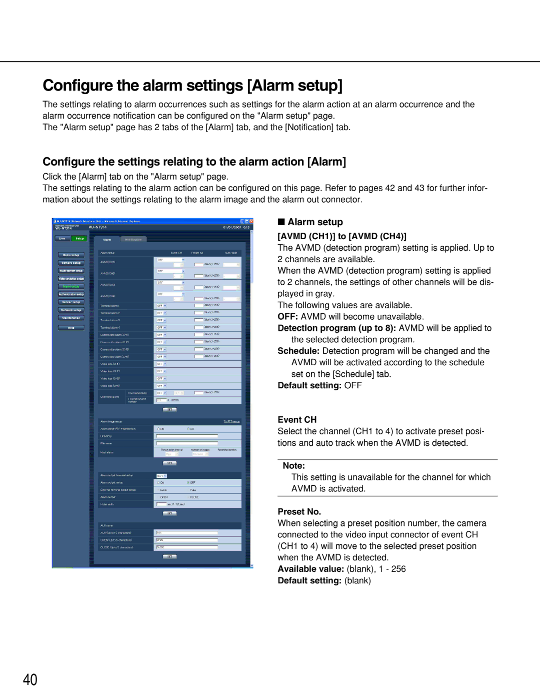 Panasonic WJ-NT314 Configure the alarm settings Alarm setup, Configure the settings relating to the alarm action Alarm 