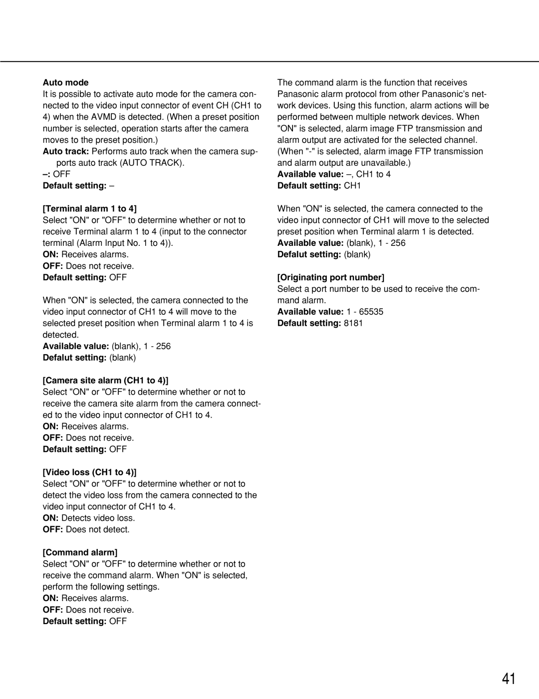 Panasonic WJ-NT314 manual Auto mode, OFF Default setting Terminal alarm 1 to, Default setting OFF Video loss CH1 to 