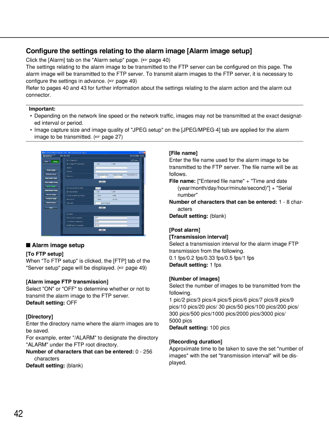 Panasonic WJ-NT314 manual Alarm image setup 