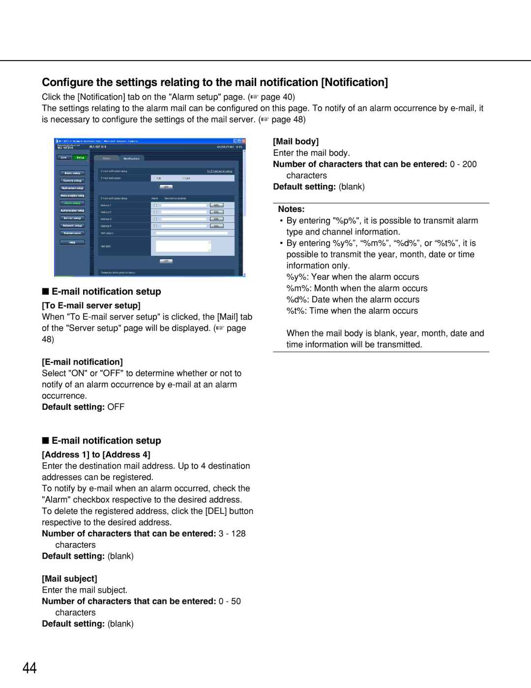 Panasonic WJ-NT314 manual Mail notification setup 