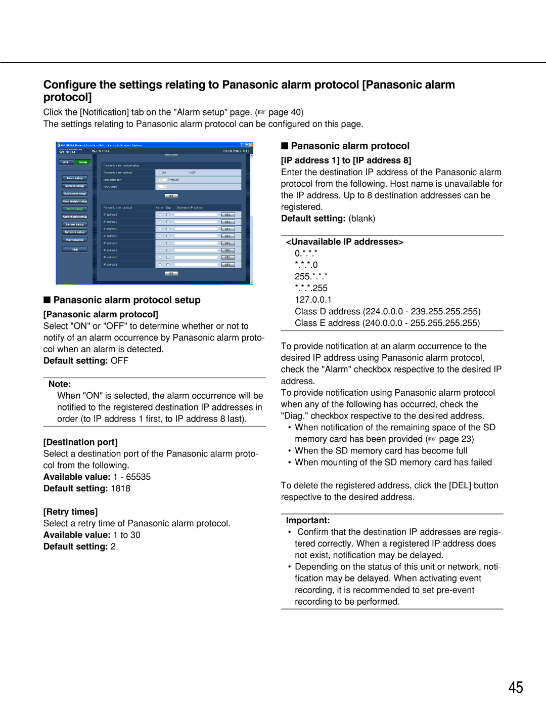 Panasonic WJ-NT314 manual Panasonic alarm protocol setup 