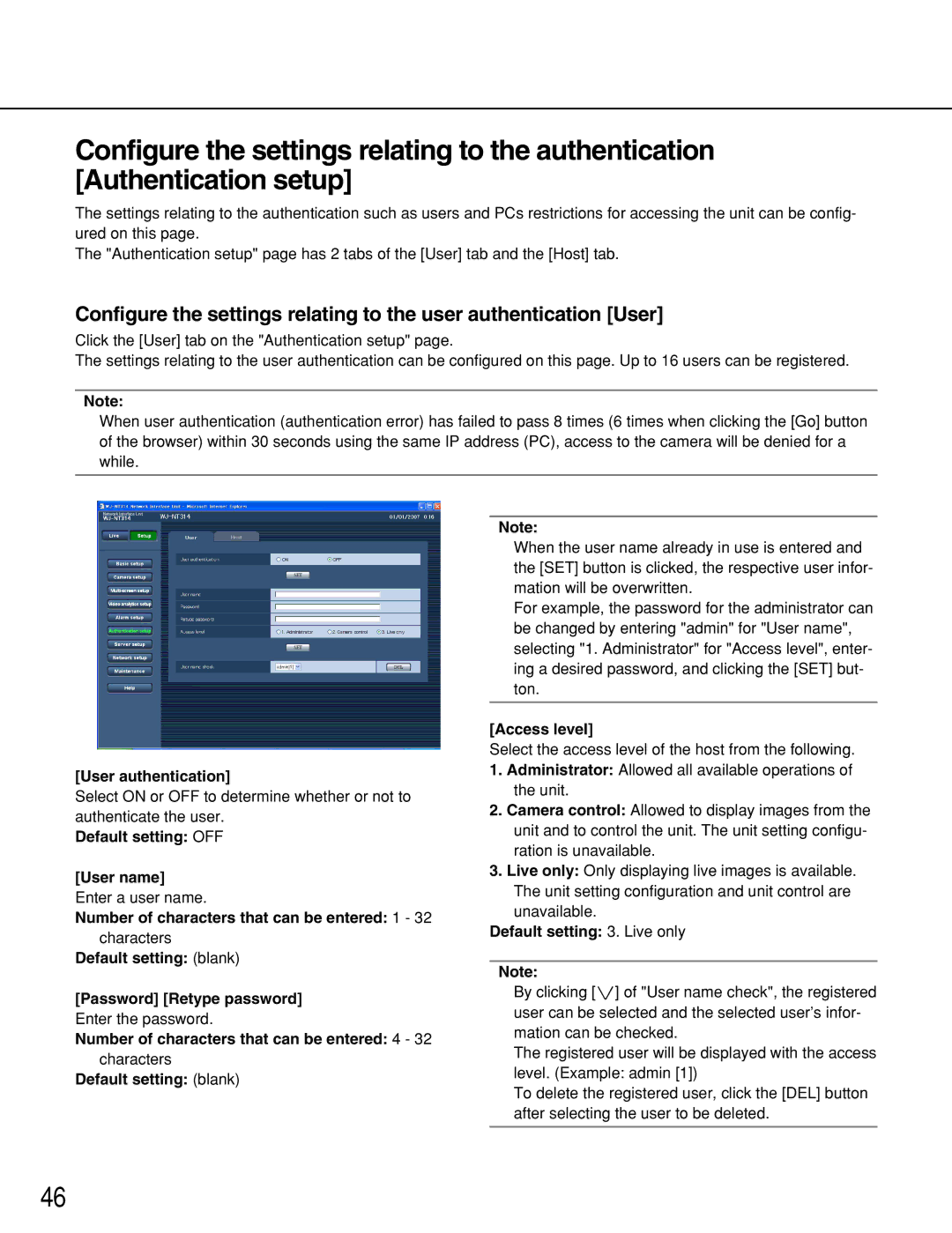 Panasonic WJ-NT314 User authentication, Default setting OFF User name, Default setting blank Password Retype password 