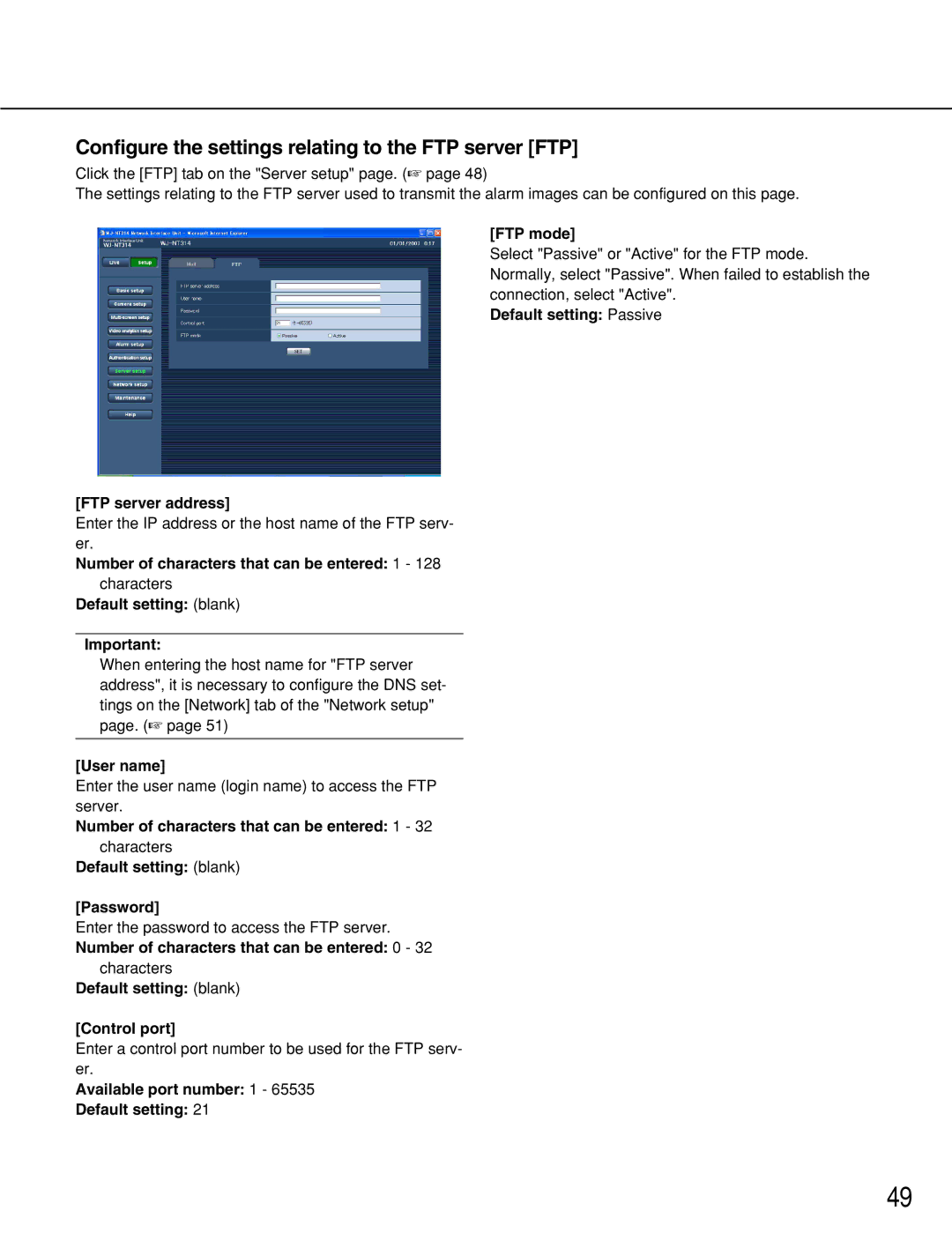 Panasonic WJ-NT314 Configure the settings relating to the FTP server FTP, FTP mode, Default setting blank Control port 