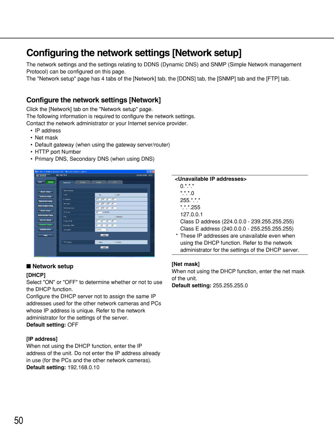 Panasonic WJ-NT314 manual Configuring the network settings Network setup, Configure the network settings Network, Net mask 