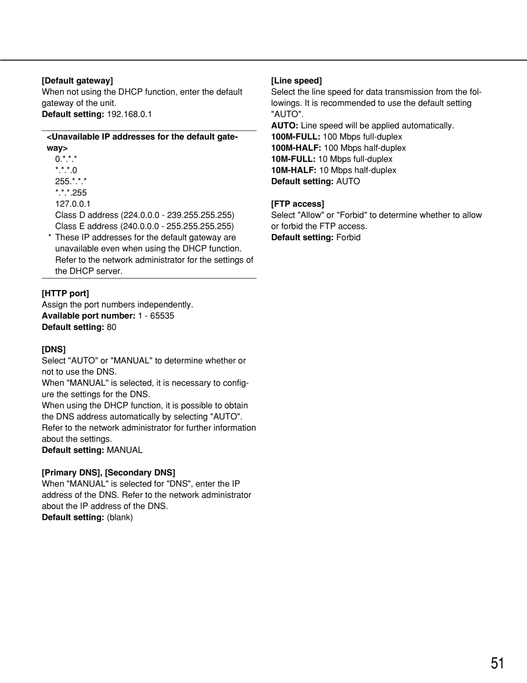 Panasonic WJ-NT314 Default gateway, Http port, Default setting Manual Primary DNS, Secondary DNS, Default setting Forbid 