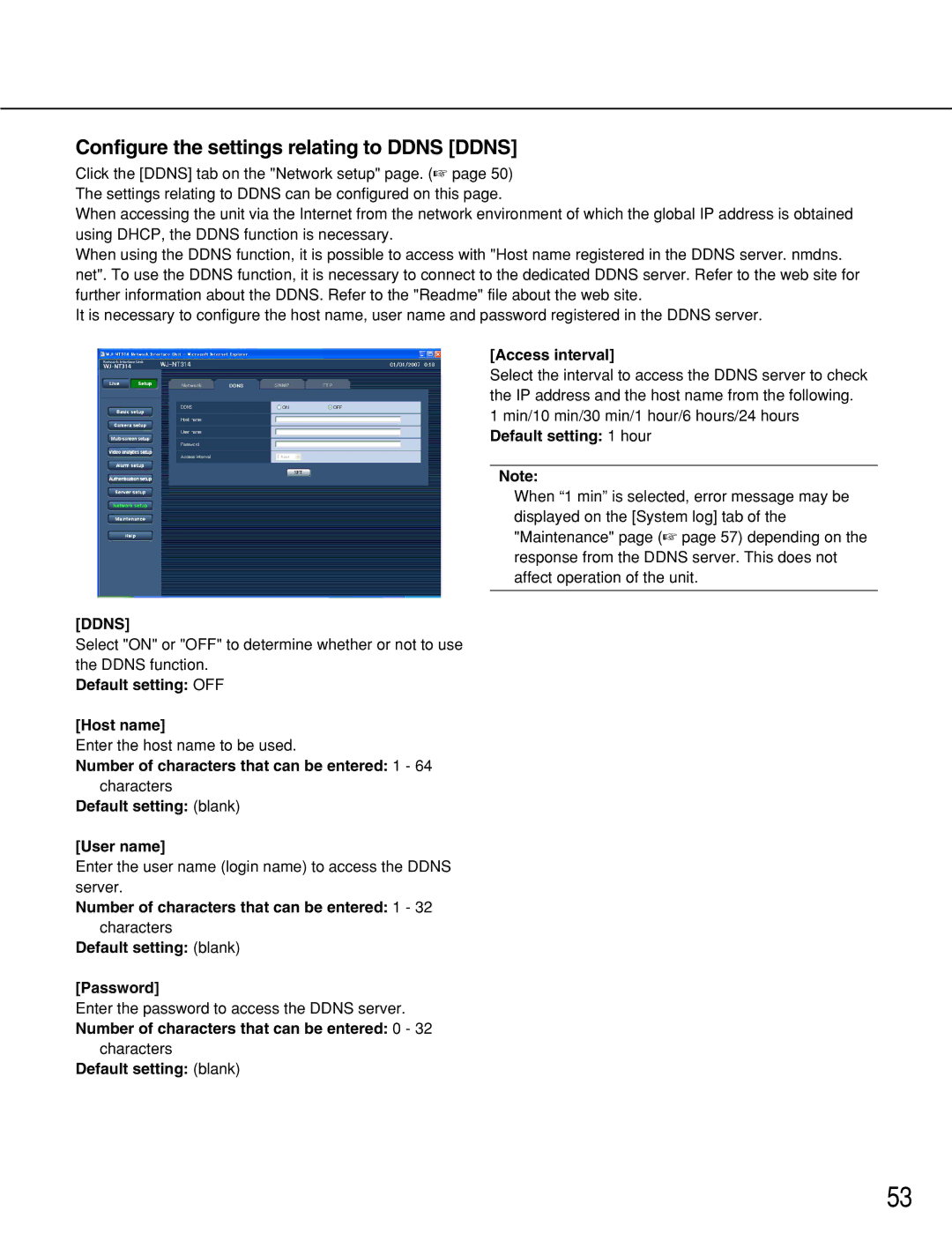 Panasonic WJ-NT314 manual Configure the settings relating to Ddns Ddns, Access interval, Default setting OFF Host name 