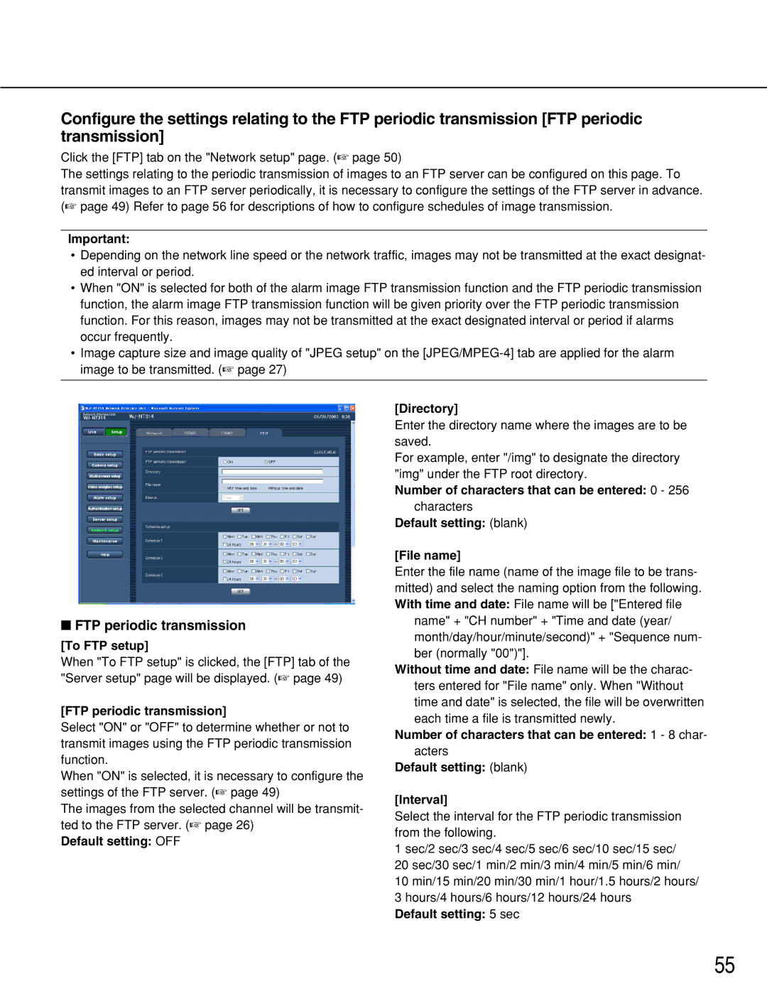 Panasonic WJ-NT314 manual FTP periodic transmission, Default setting OFF Directory, Default setting blank Interval 