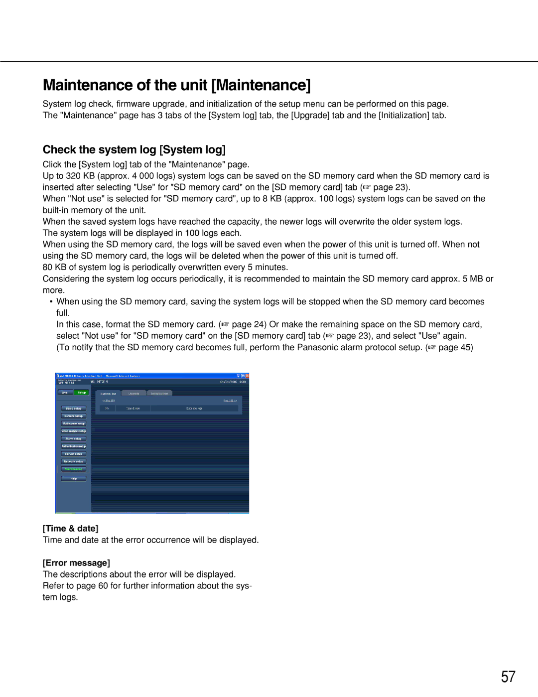 Panasonic WJ-NT314 manual Maintenance of the unit Maintenance, Check the system log System log, Time & date, Error message 