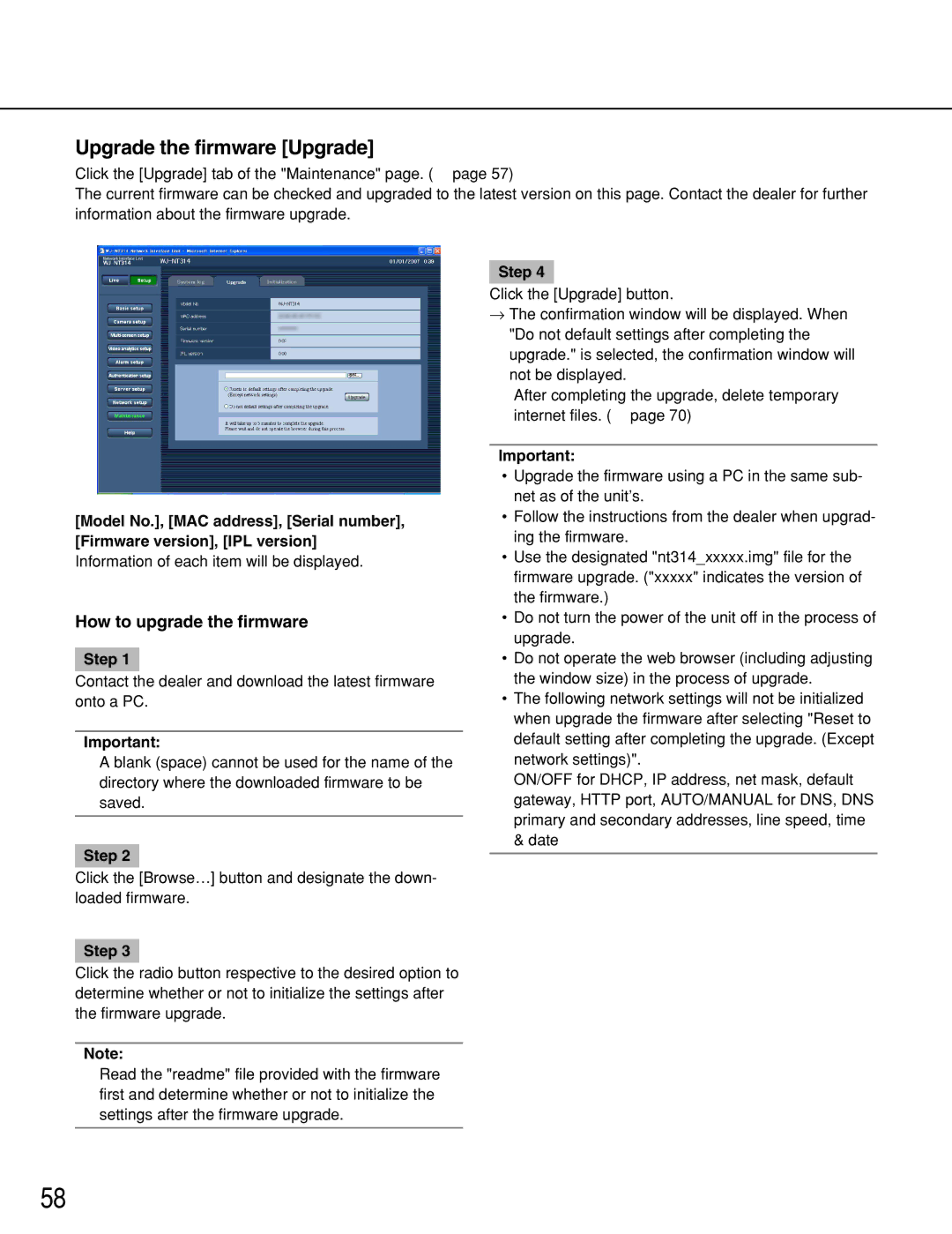 Panasonic WJ-NT314 manual Upgrade the firmware Upgrade, How to upgrade the firmware 