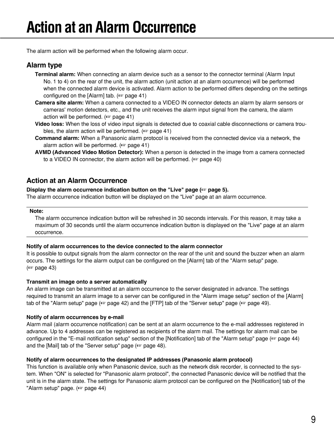 Panasonic WJ-NT314 manual Action at an Alarm Occurrence, Alarm type 