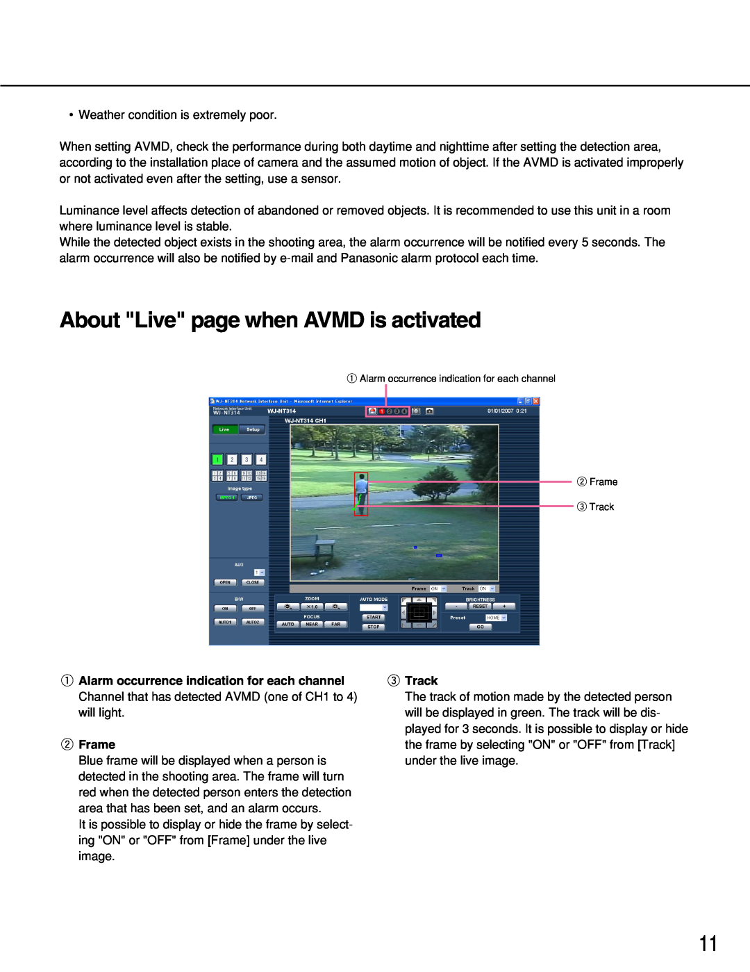 Panasonic WJ-NT314 manual About Live page when AVMD is activated, w Frame, e Track 