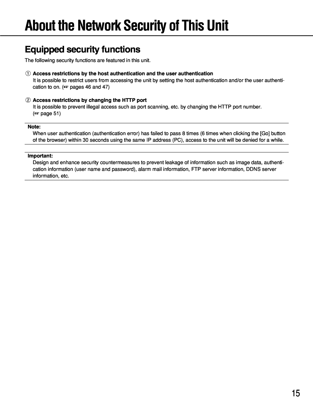 Panasonic WJ-NT314 manual About the Network Security of This Unit, Equipped security functions 