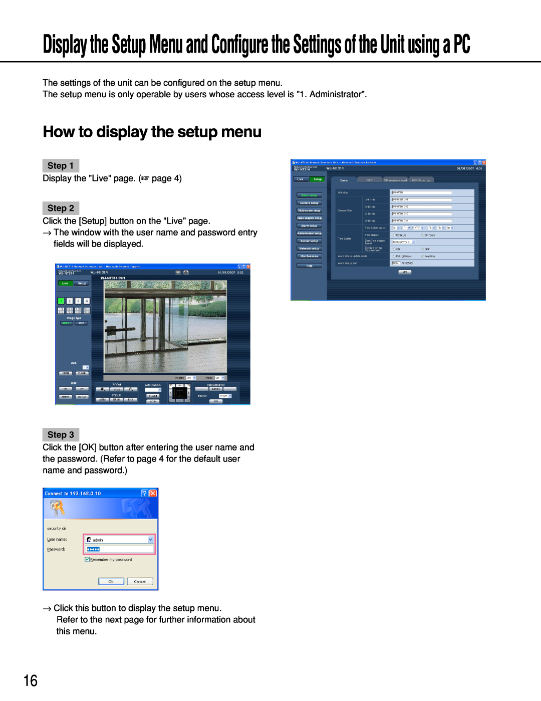 Panasonic WJ-NT314 manual How to display the setup menu, Step 
