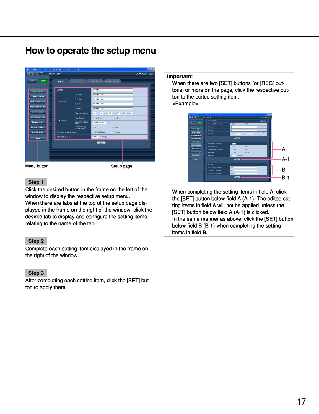 Panasonic WJ-NT314 manual How to operate the setup menu, Step 