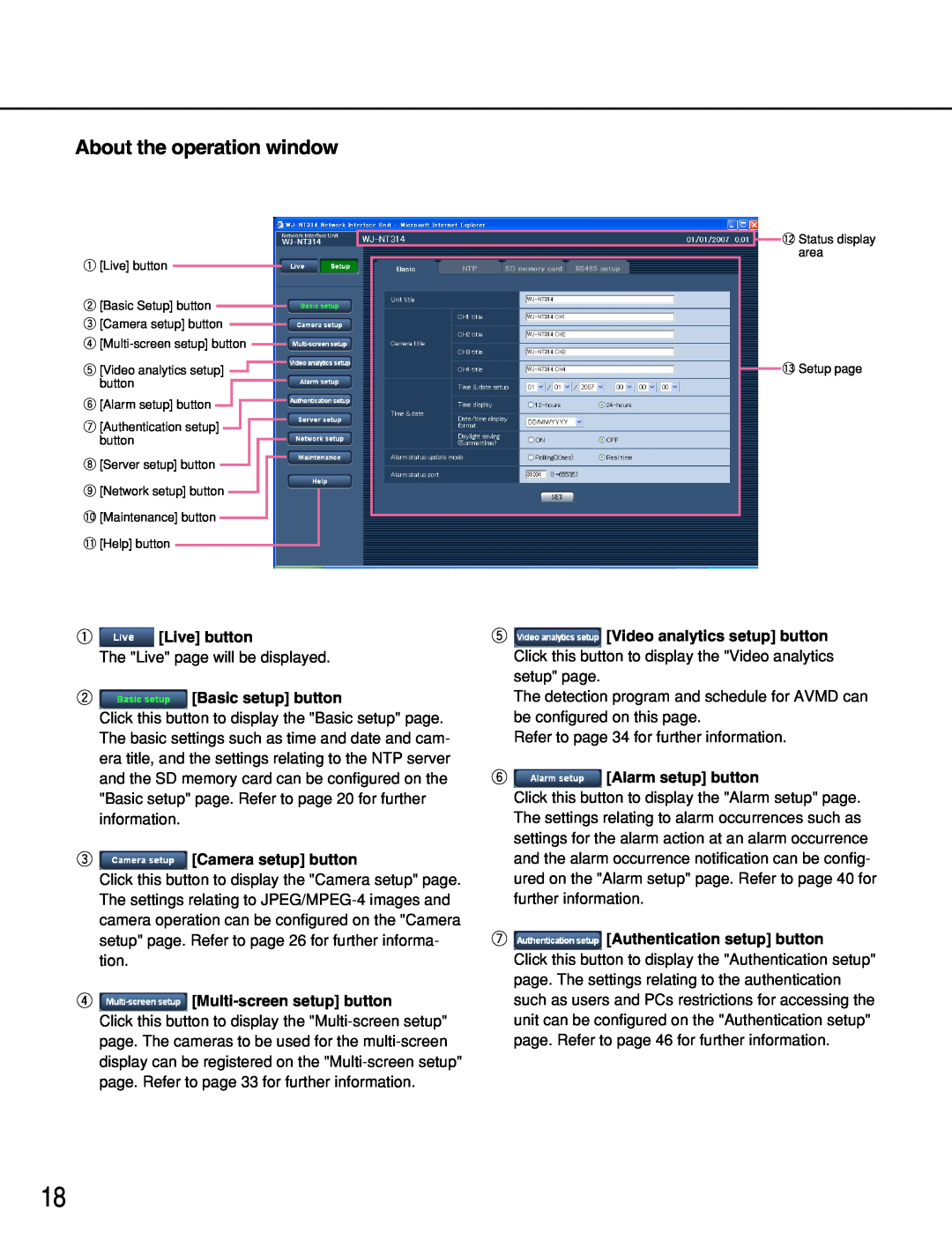 Panasonic WJ-NT314 manual About the operation window, q Live button, w Basic setup button, e Camera setup button 