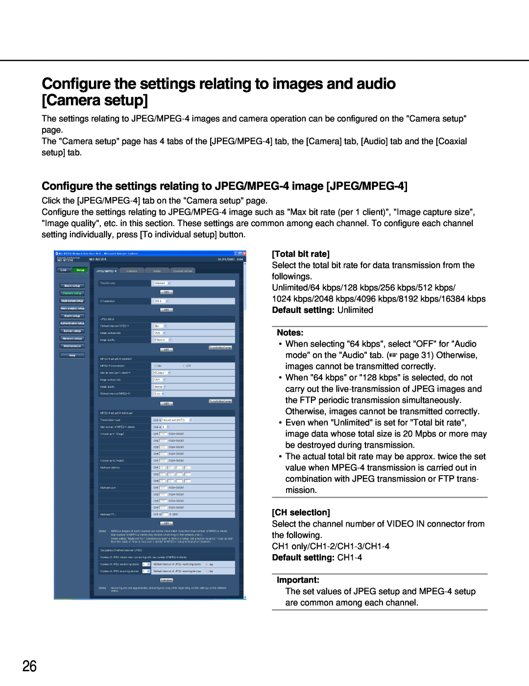 Panasonic WJ-NT314 manual Configure the settings relating to images and audio Camera setup, Total bit rate, CH selection 