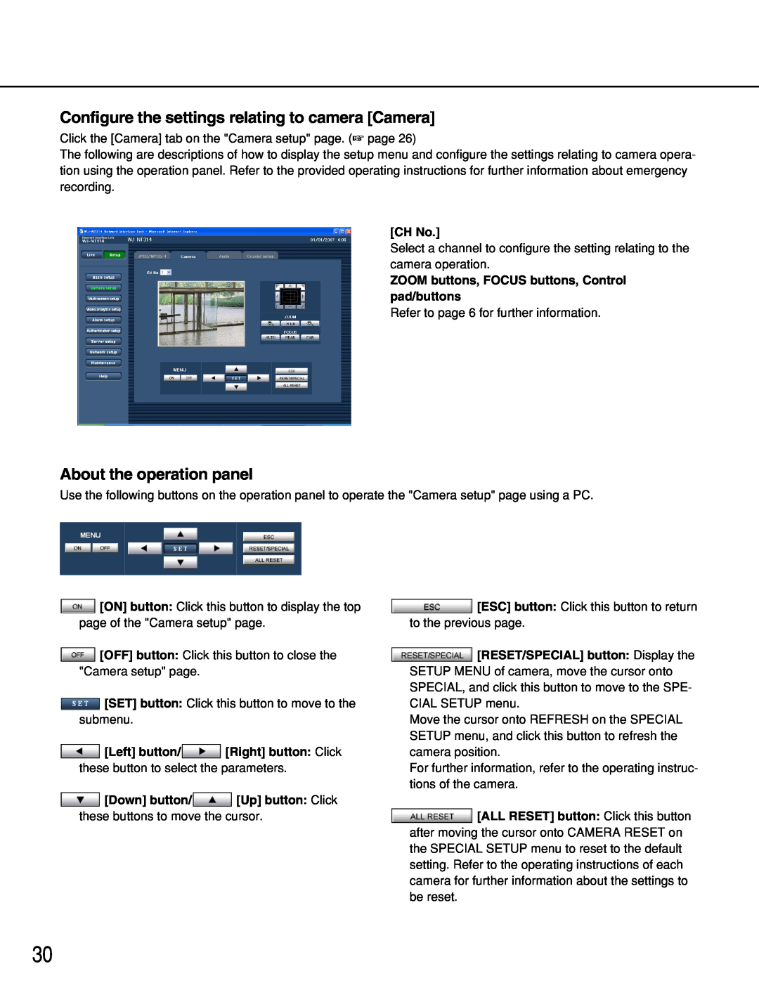 Panasonic WJ-NT314 manual Configure the settings relating to camera Camera, About the operation panel, CH No 