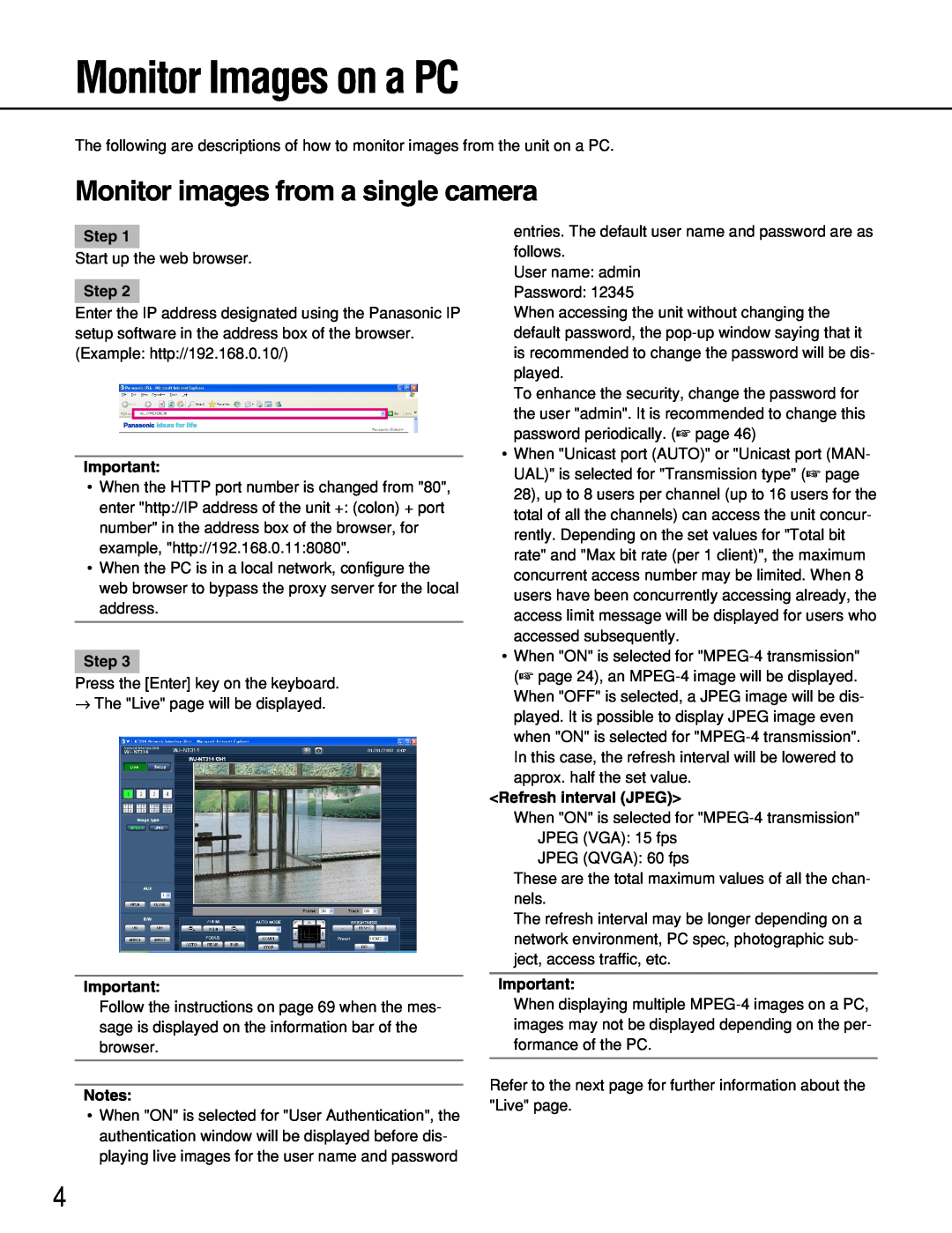 Panasonic WJ-NT314 manual Monitor Images on a PC, Step, Refresh interval JPEG 
