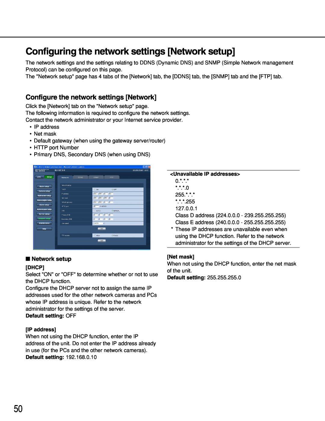 Panasonic WJ-NT314 Configure the network settings Network, Network setup, Dhcp, Default setting OFF IP address, Net mask 