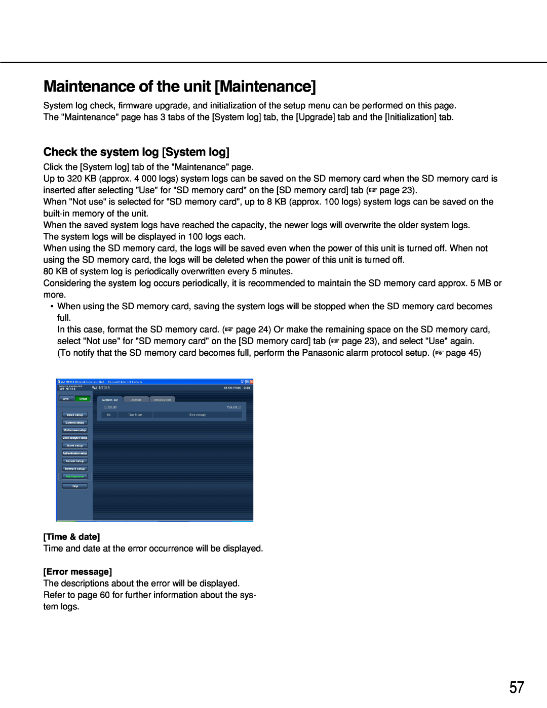 Panasonic WJ-NT314 manual Maintenance of the unit Maintenance, Check the system log System log, Time & date, Error message 
