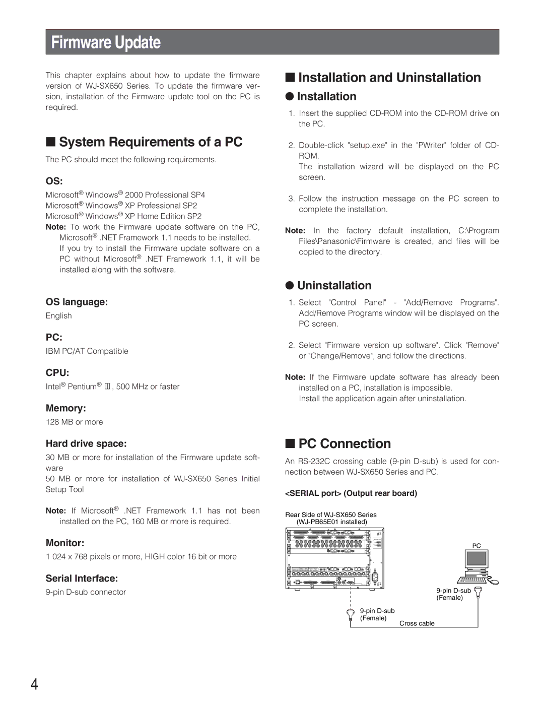 Panasonic WJ-PB65E01 Firmware Update, System Requirements of a PC, Installation and Uninstallation, PC Connection 