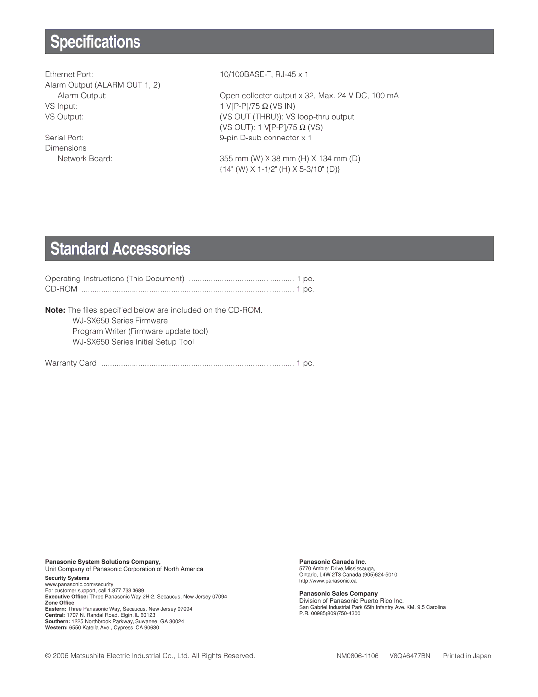 Panasonic WJ-PB65E01 user service Specifications, Standard Accessories 