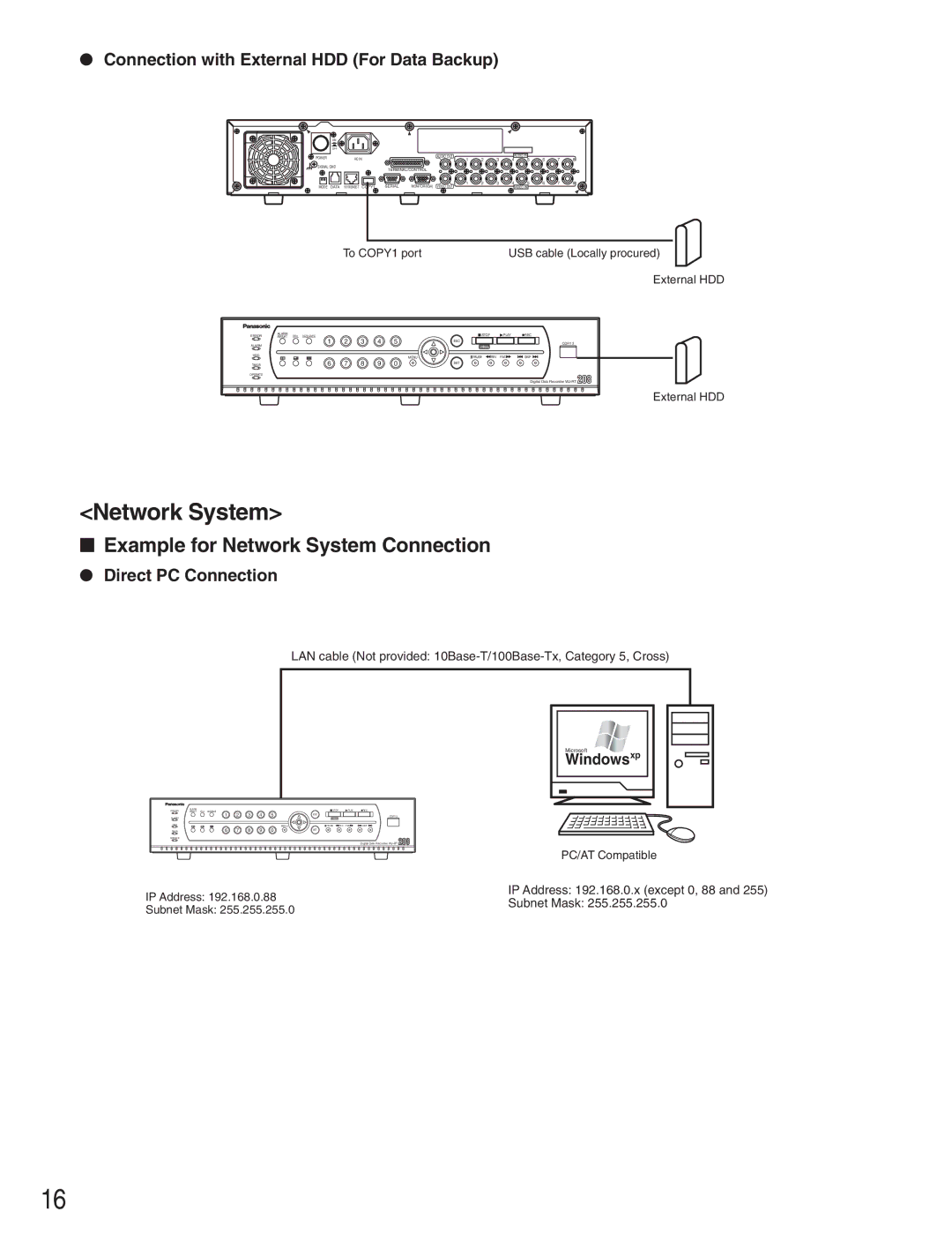 Panasonic WJ-RT208 Example for Network System Connection, Connection with External HDD For Data Backup, Windows xp 