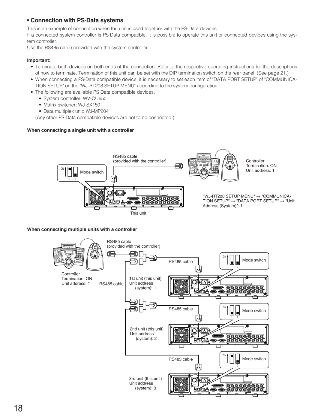 Panasonic WJ-RT208 manual Connection with PS·Data systems, When connecting a single unit with a controller 