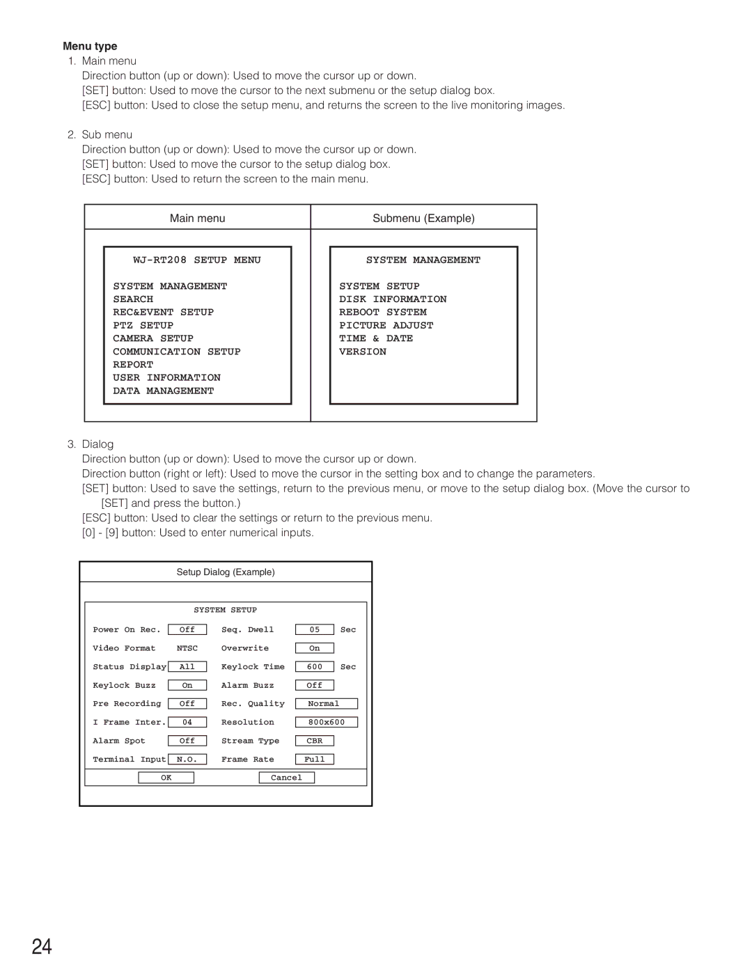 Panasonic WJ-RT208 manual Menu type, Main menu Submenu Example 