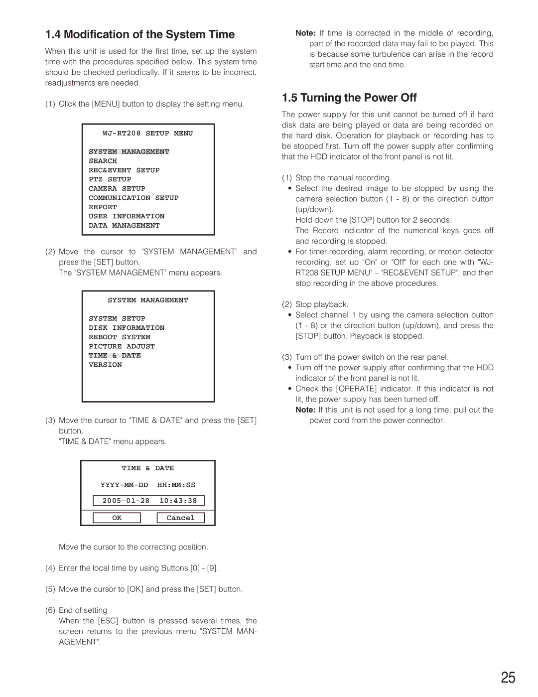 Panasonic WJ-RT208 manual Modification of the System Time, Turning the Power Off, Time & Date YYYY-MM-DD Hhmmss, Cancel 