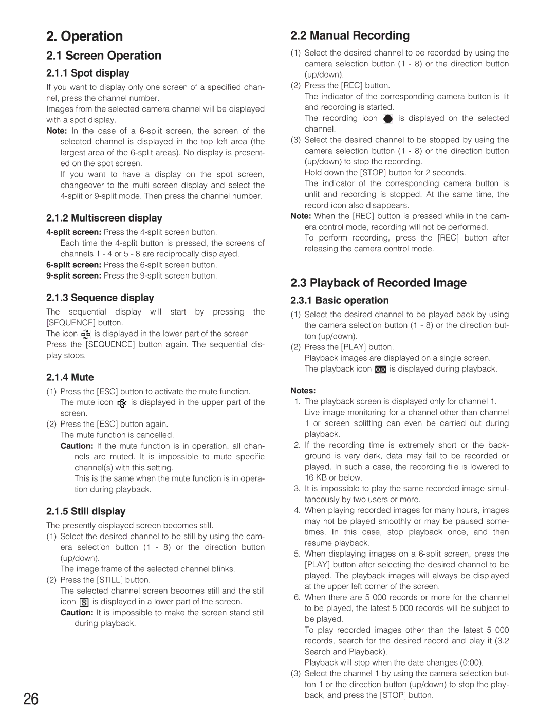 Panasonic WJ-RT208 manual Screen Operation, Manual Recording, Playback of Recorded Image 