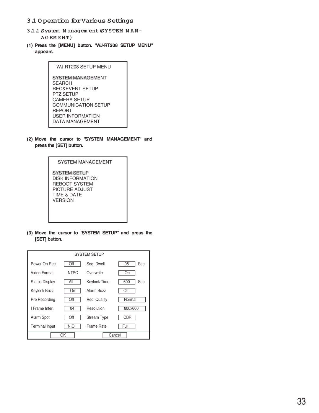 Panasonic WJ-RT208 manual Operation for Various Settings, System Management System MAN 