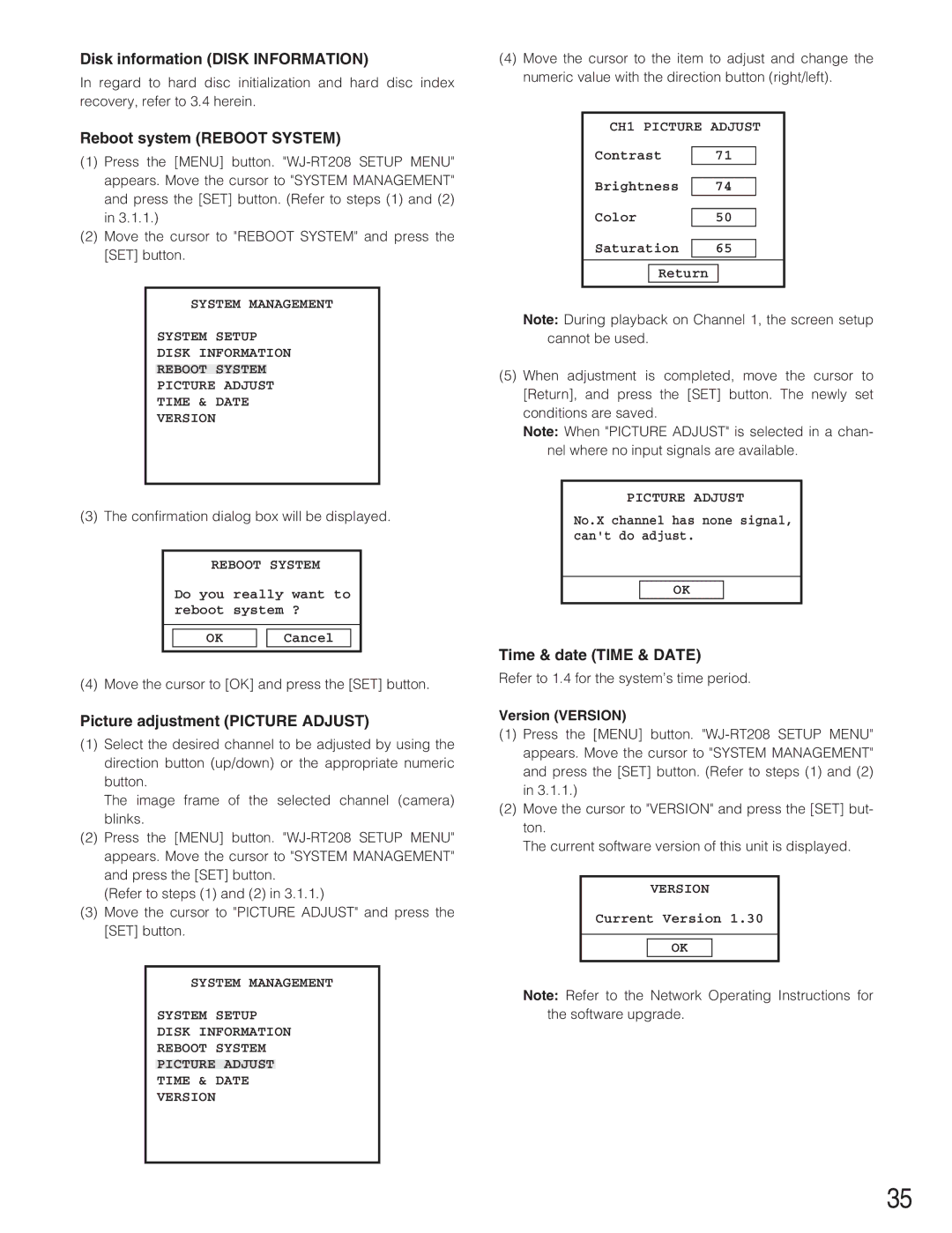 Panasonic WJ-RT208 manual Disk information Disk Information, Reboot system Reboot System, Picture adjustment Picture Adjust 