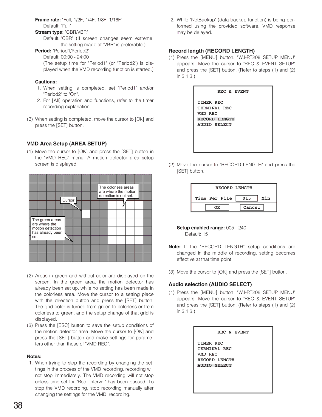 Panasonic WJ-RT208 manual VMD Area Setup Area Setup, Record length Record Length, Audio selection Audio Select 