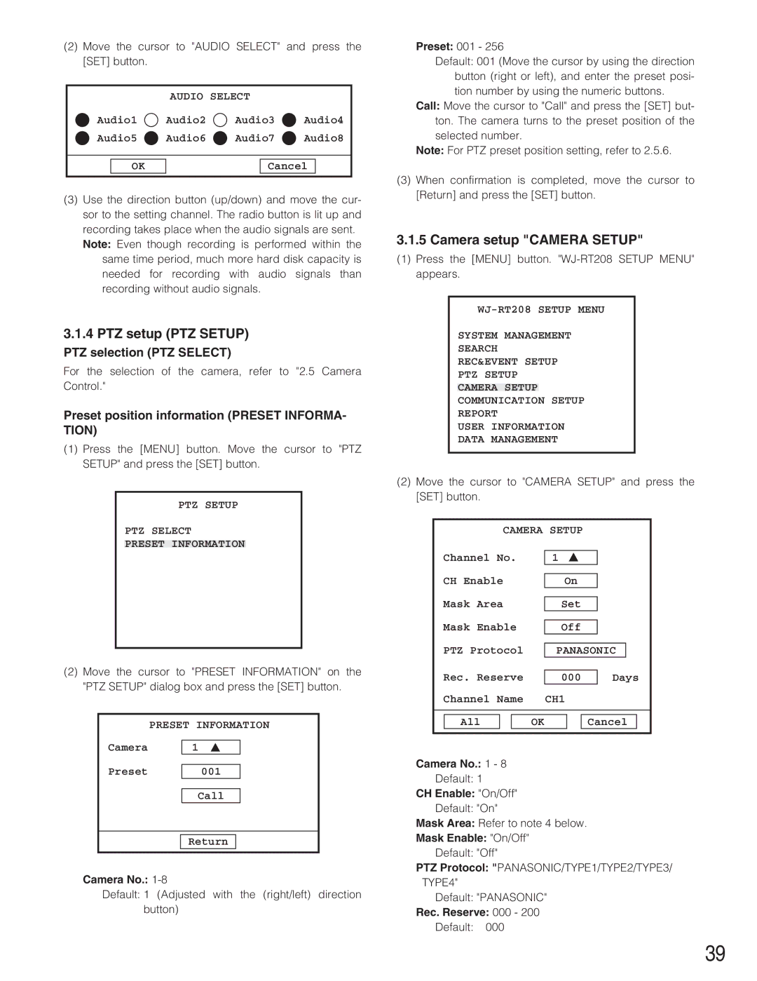 Panasonic WJ-RT208 manual PTZ setup PTZ Setup, Camera setup Camera Setup, PTZ selection PTZ Select 