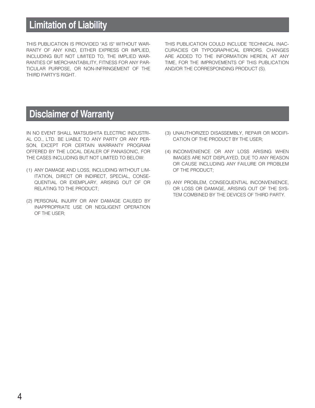 Panasonic WJ-RT208 manual Limitation of Liability, Disclaimer of Warranty 