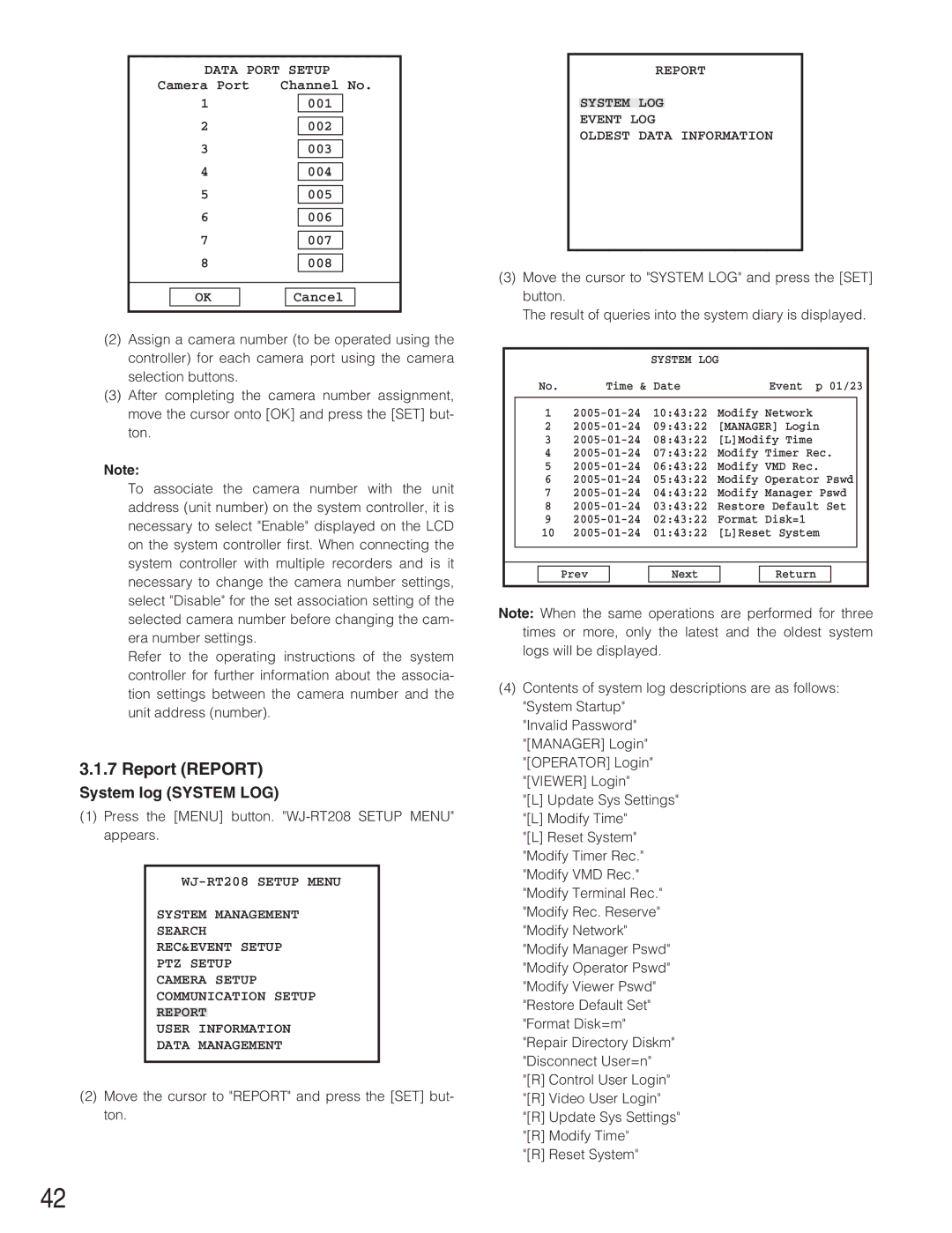 Panasonic WJ-RT208 manual Report Report, System log System LOG, Report System LOG Event LOG Oldest Data Information 