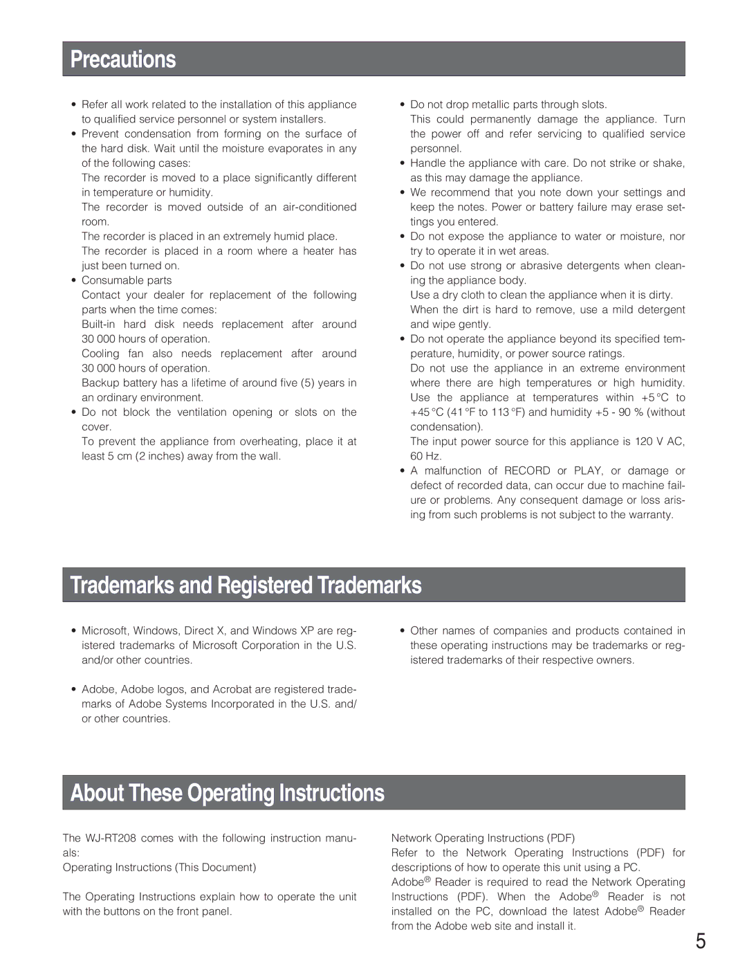 Panasonic WJ-RT208 manual Precautions, Trademarks and Registered Trademarks, About These Operating Instructions 